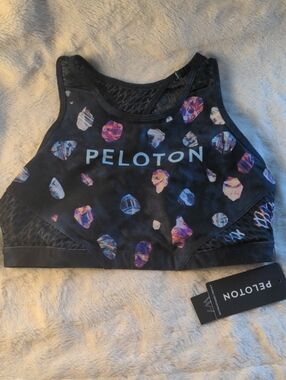 Peloton Black Sports Bra with Purple and Blue Spot Print